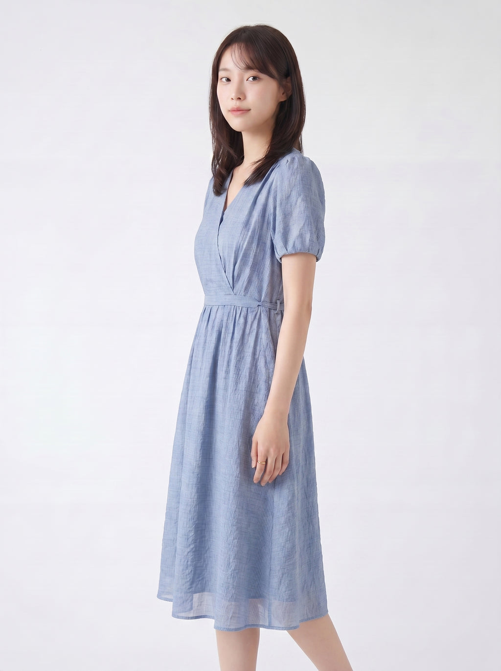 レディース カシュクール風 Vネックパフスリーブワンピース